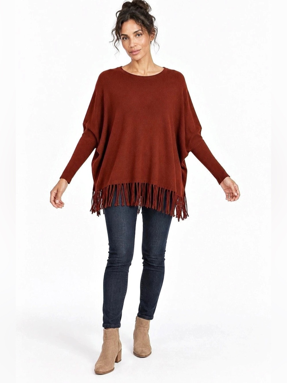 Cyrus Fringe Sweater in Rust Brown